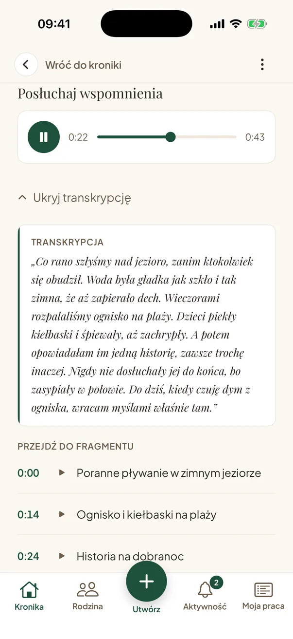 Ekran aplikacji: odtwarzacz wspomnienia, spisana rozmowa i rozdziały.