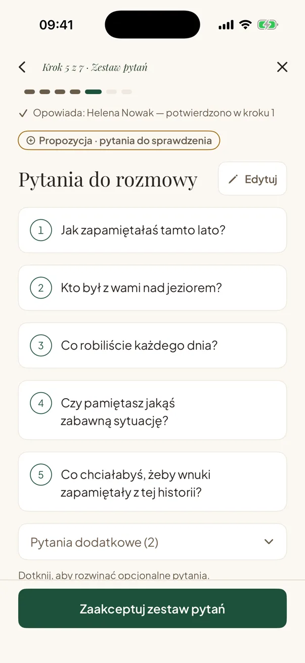 Ekran aplikacji: pytania do rozmowy, np. „Jak zapamiętałaś tamto lato?”